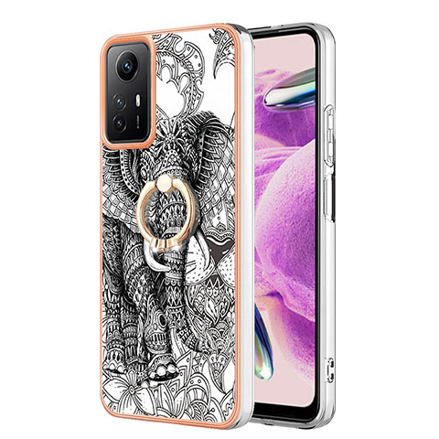 Coque Silicone Motif Fantaisie Souple Couleur Unie Etui Housse avec Support Bague Anneau YB2 pour Xiaomi Redmi Note 12S Gris