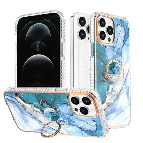 Coque Silicone Motif Fantaisie Souple Couleur Unie Etui Housse avec Support Bague Anneau YJ1 pour Apple iPhone 13 Pro Bleu