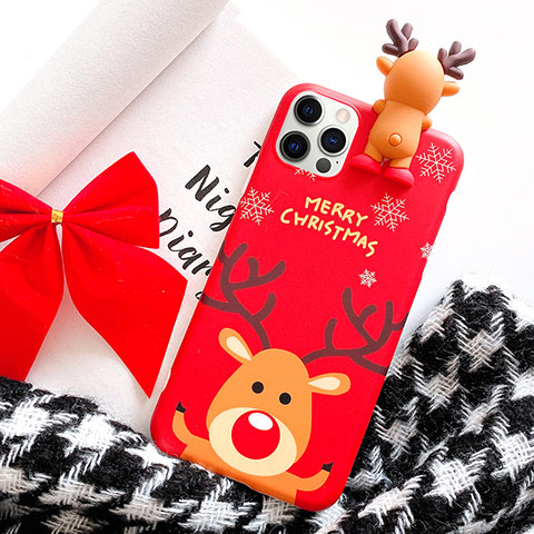 Coque Silicone Motif Noel Souple Couleur Unie Etui Housse S02 pour Apple iPhone 12 Pro Max Rouge