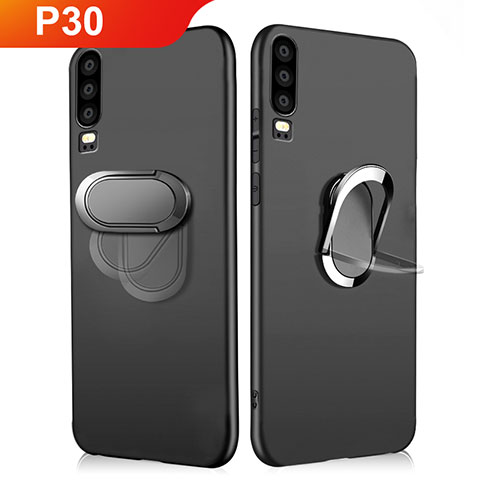 Coque Ultra Fine Silicone Souple avec Support Bague Anneau Aimante Magnetique pour Huawei P30 Noir