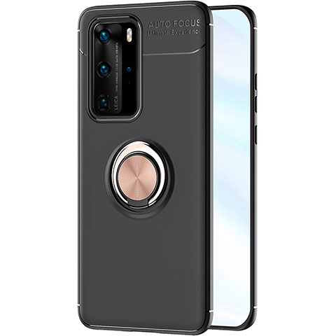 Coque Ultra Fine Silicone Souple Housse Etui avec Support Bague Anneau Aimante Magnetique A01 pour Huawei P40 Pro Or et Noir