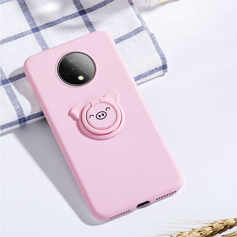 Coque Ultra Fine Silicone Souple Housse Etui avec Support Bague Anneau Aimante Magnetique A01 pour OnePlus 7T Rose