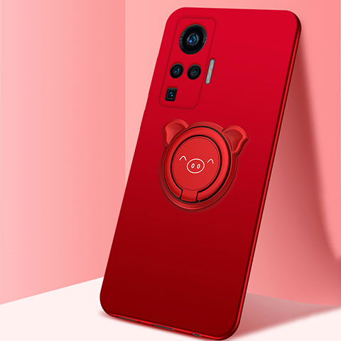 Coque Ultra Fine Silicone Souple Housse Etui avec Support Bague Anneau Aimante Magnetique A01 pour Vivo X50 Pro 5G Rouge