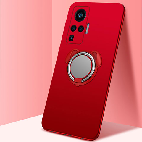 Coque Ultra Fine Silicone Souple Housse Etui avec Support Bague Anneau Aimante Magnetique A03 pour Vivo X50 Pro 5G Rouge