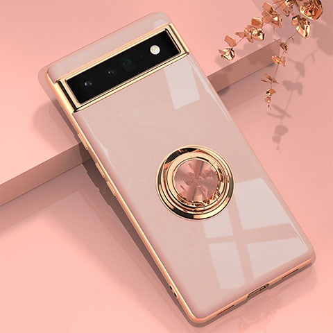 Coque Ultra Fine Silicone Souple Housse Etui avec Support Bague Anneau Aimante Magnetique AN1 pour Google Pixel 6a 5G Or Rose