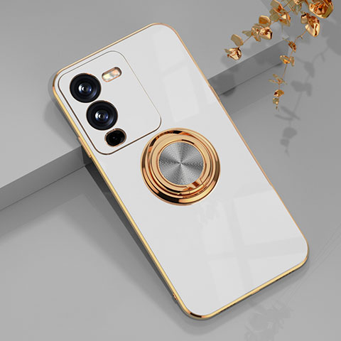 Coque Ultra Fine Silicone Souple Housse Etui avec Support Bague Anneau Aimante Magnetique AN1 pour Vivo V25 Pro 5G Blanc