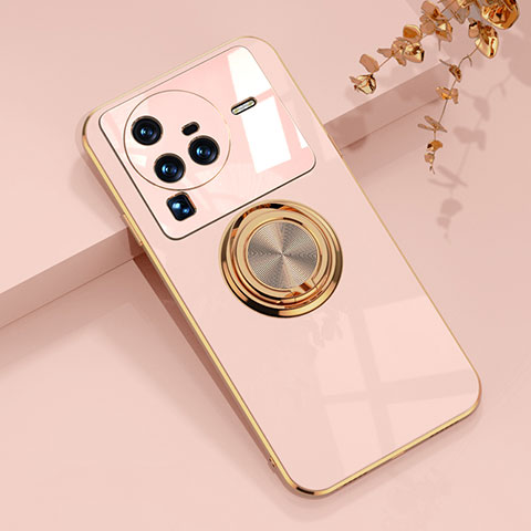 Coque Ultra Fine Silicone Souple Housse Etui avec Support Bague Anneau Aimante Magnetique AN1 pour Vivo X80 Pro 5G Rose