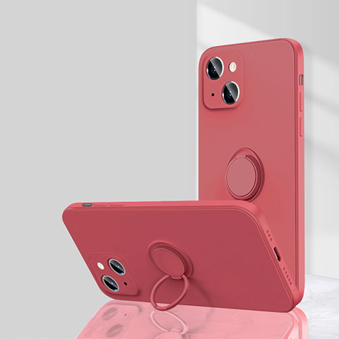 Coque Ultra Fine Silicone Souple Housse Etui avec Support Bague Anneau Aimante Magnetique G01 pour Apple iPhone 15 Plus Rouge