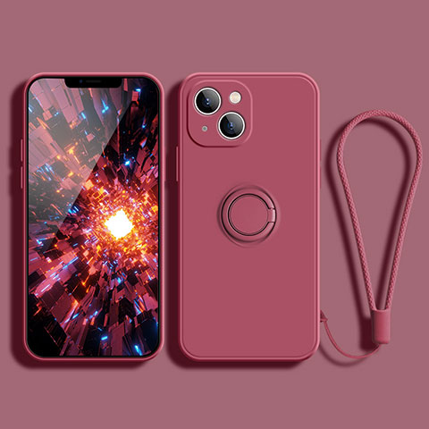 Coque Ultra Fine Silicone Souple Housse Etui avec Support Bague Anneau Aimante Magnetique G02 pour Apple iPhone 13 Rouge