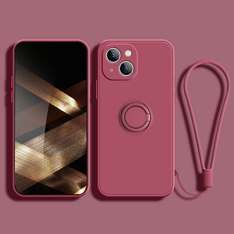 Coque Ultra Fine Silicone Souple Housse Etui avec Support Bague Anneau Aimante Magnetique G02 pour Apple iPhone 15 Rouge