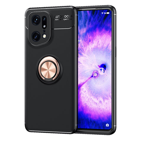 Coque Ultra Fine Silicone Souple Housse Etui avec Support Bague Anneau Aimante Magnetique JM1 pour Oppo Find X5 Pro 5G Or et Noir