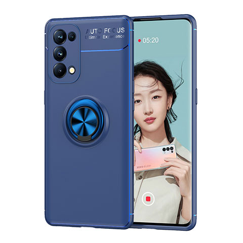 Coque Ultra Fine Silicone Souple Housse Etui avec Support Bague Anneau Aimante Magnetique JM1 pour Oppo Reno6 Pro+ Plus 5G Bleu