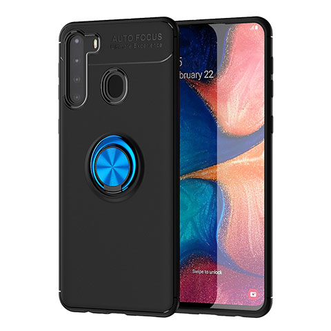 Coque Ultra Fine Silicone Souple Housse Etui avec Support Bague Anneau Aimante Magnetique JM1 pour Samsung Galaxy A21 Bleu et Noir