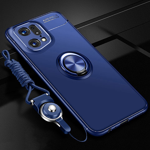 Coque Ultra Fine Silicone Souple Housse Etui avec Support Bague Anneau Aimante Magnetique JM3 pour Oppo Find X5 Pro 5G Bleu