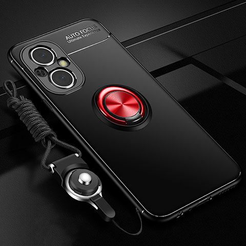 Coque Ultra Fine Silicone Souple Housse Etui avec Support Bague Anneau Aimante Magnetique JM3 pour Oppo Reno8 Lite 5G Rouge et Noir