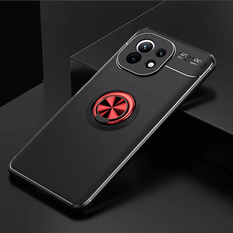 Coque Ultra Fine Silicone Souple Housse Etui avec Support Bague Anneau Aimante Magnetique K01 pour Xiaomi Mi 11 5G Rouge et Noir