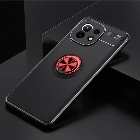 Coque Ultra Fine Silicone Souple Housse Etui avec Support Bague Anneau Aimante Magnetique K01 pour Xiaomi Mi 11 Lite 5G NE Rouge et Noir