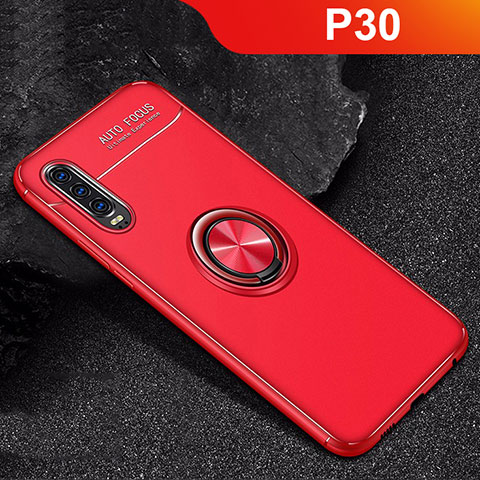 Coque Ultra Fine Silicone Souple Housse Etui avec Support Bague Anneau Aimante Magnetique pour Huawei P30 Rouge