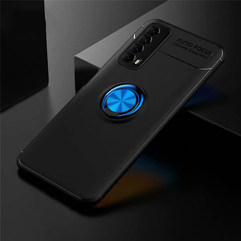 Coque Ultra Fine Silicone Souple Housse Etui avec Support Bague Anneau Aimante Magnetique pour Huawei Y7a Bleu et Noir