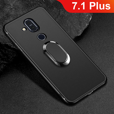 Coque Ultra Fine Silicone Souple Housse Etui avec Support Bague Anneau Aimante Magnetique pour Nokia 7.1 Plus Noir