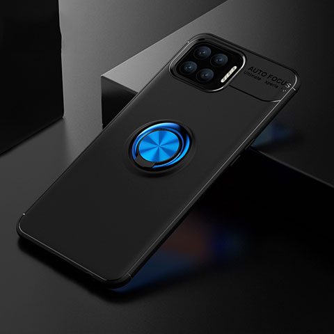 Coque Ultra Fine Silicone Souple Housse Etui avec Support Bague Anneau Aimante Magnetique pour Oppo Reno4 F Bleu et Noir