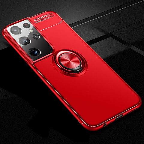 Coque Ultra Fine Silicone Souple Housse Etui avec Support Bague Anneau Aimante Magnetique pour Samsung Galaxy S21 Ultra 5G Rouge