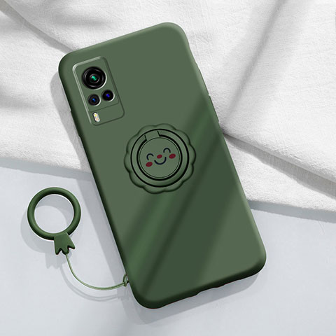 Coque Ultra Fine Silicone Souple Housse Etui avec Support Bague Anneau Aimante Magnetique pour Vivo X60T 5G Vert Nuit