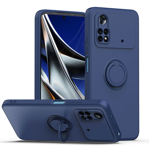 Coque Ultra Fine Silicone Souple Housse Etui avec Support Bague Anneau Aimante Magnetique QW1 pour Xiaomi Poco M4 Pro 4G Bleu