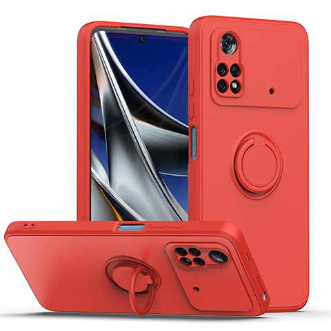 Coque Ultra Fine Silicone Souple Housse Etui avec Support Bague Anneau Aimante Magnetique QW1 pour Xiaomi Poco M4 Pro 4G Rouge