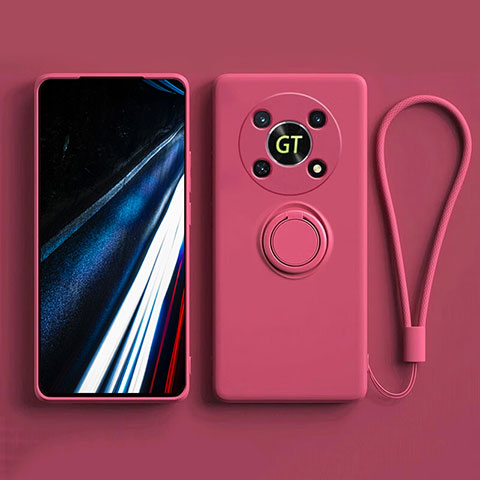 Coque Ultra Fine Silicone Souple Housse Etui avec Support Bague Anneau Aimante Magnetique S01 pour Huawei Honor X9 5G Rose Rouge