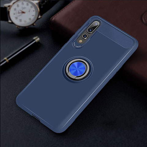 Coque Ultra Fine Silicone Souple Housse Etui avec Support Bague Anneau Aimante Magnetique S01 pour Huawei P20 Pro Bleu