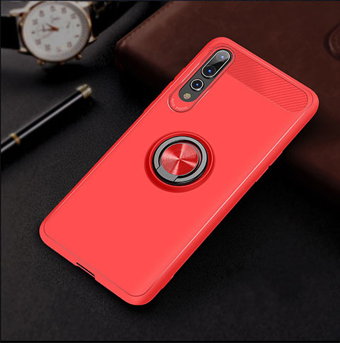 Coque Ultra Fine Silicone Souple Housse Etui avec Support Bague Anneau Aimante Magnetique S01 pour Huawei P20 Pro Rouge