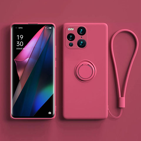 Coque Ultra Fine Silicone Souple Housse Etui avec Support Bague Anneau Aimante Magnetique S01 pour Oppo Find X3 5G Rose Rouge