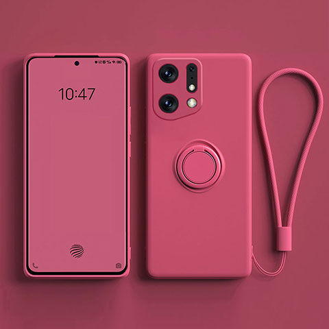 Coque Ultra Fine Silicone Souple Housse Etui avec Support Bague Anneau Aimante Magnetique S01 pour Oppo Find X5 Pro 5G Rose Rouge