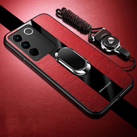 Coque Ultra Fine Silicone Souple Housse Etui avec Support Bague Anneau Aimante Magnetique S01 pour Vivo V27 5G Rouge