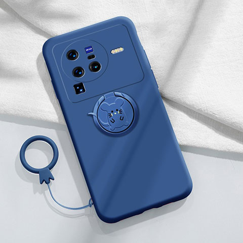 Coque Ultra Fine Silicone Souple Housse Etui avec Support Bague Anneau Aimante Magnetique S01 pour Vivo X80 Pro 5G Bleu