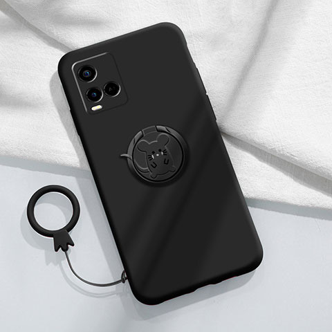 Coque Ultra Fine Silicone Souple Housse Etui avec Support Bague Anneau Aimante Magnetique S01 pour Vivo Y21s Noir