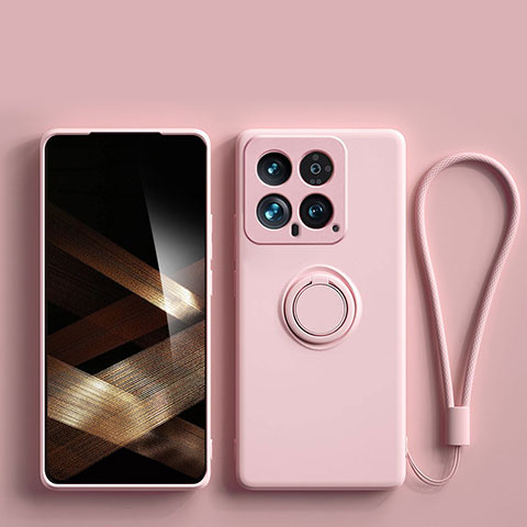 Coque Ultra Fine Silicone Souple Housse Etui avec Support Bague Anneau Aimante Magnetique S01 pour Xiaomi Mi 14 5G Rose