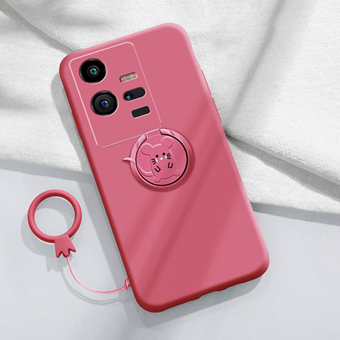 Coque Ultra Fine Silicone Souple Housse Etui avec Support Bague Anneau Aimante Magnetique S02 pour Vivo iQOO 11 Pro 5G Rose Rouge