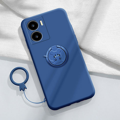 Coque Ultra Fine Silicone Souple Housse Etui avec Support Bague Anneau Aimante Magnetique S02 pour Vivo iQOO Z7x 5G Bleu