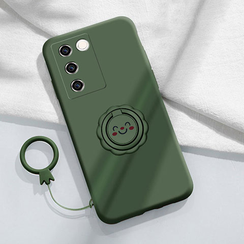 Coque Ultra Fine Silicone Souple Housse Etui avec Support Bague Anneau Aimante Magnetique S02 pour Vivo V27 Pro 5G Vert Nuit