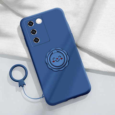 Coque Ultra Fine Silicone Souple Housse Etui avec Support Bague Anneau Aimante Magnetique S02 pour Vivo V27e 5G Bleu