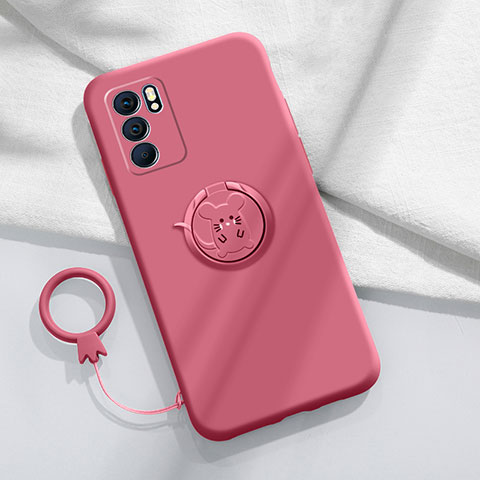 Coque Ultra Fine Silicone Souple Housse Etui avec Support Bague Anneau Aimante Magnetique S03 pour Oppo Reno6 5G Rose Rouge