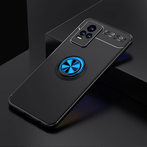 Coque Ultra Fine Silicone Souple Housse Etui avec Support Bague Anneau Aimante Magnetique SD1 pour Vivo V21e 4G Bleu et Noir