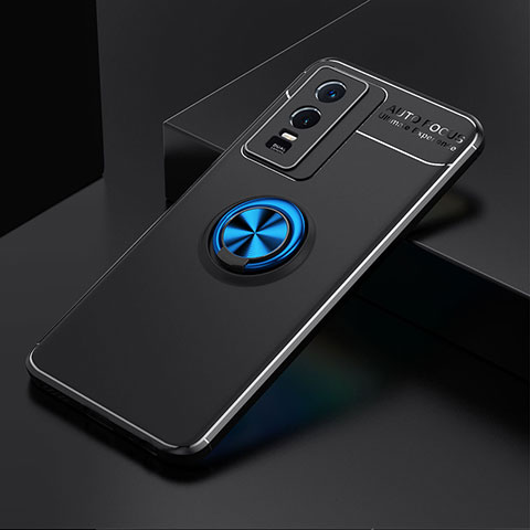 Coque Ultra Fine Silicone Souple Housse Etui avec Support Bague Anneau Aimante Magnetique SD1 pour Vivo Y76s 5G Bleu et Noir