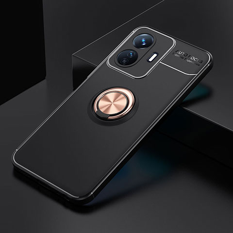 Coque Ultra Fine Silicone Souple Housse Etui avec Support Bague Anneau Aimante Magnetique SD1 pour Vivo Y77 5G Or et Noir