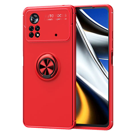 Coque Ultra Fine Silicone Souple Housse Etui avec Support Bague Anneau Aimante Magnetique SD1 pour Xiaomi Poco M4 Pro 4G Rouge