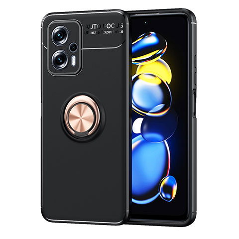 Coque Ultra Fine Silicone Souple Housse Etui avec Support Bague Anneau Aimante Magnetique SD1 pour Xiaomi Redmi Note 11T Pro 5G Or et Noir