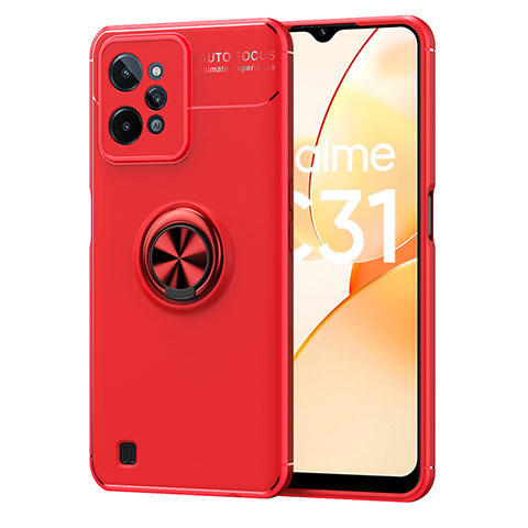 Coque Ultra Fine Silicone Souple Housse Etui avec Support Bague Anneau Aimante Magnetique SD2 pour Realme C31 Rouge