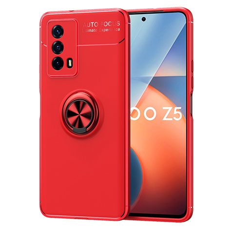 Coque Ultra Fine Silicone Souple Housse Etui avec Support Bague Anneau Aimante Magnetique SD2 pour Vivo iQOO Z5 5G Rouge